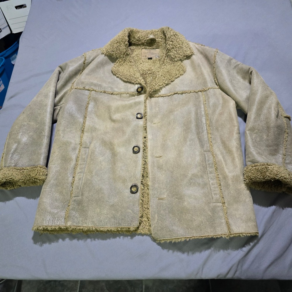 Vintage Guess Leather Faux Fur Lined Jacket Mens Large Tan Brown Shearling
